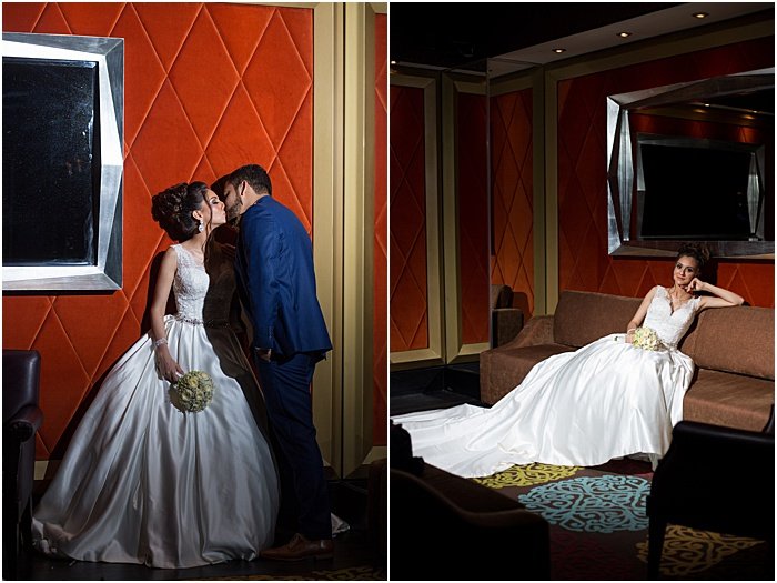 A wedding portrait diptych of the newlywed couple kissing and the bride relaxing on a couch - wedding flash photography
