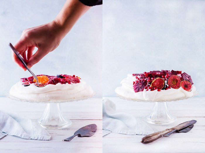 A bright and airy diptych of styling a fruity cake