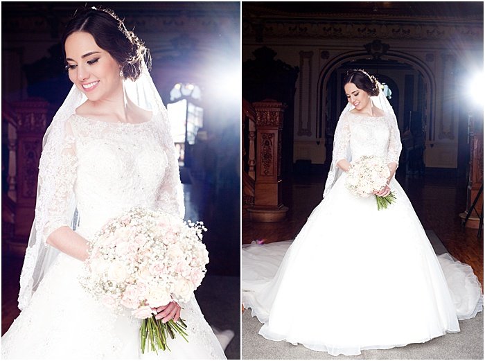 A wedding portrait diptych of the bride posing indoors - wedding flash photography
