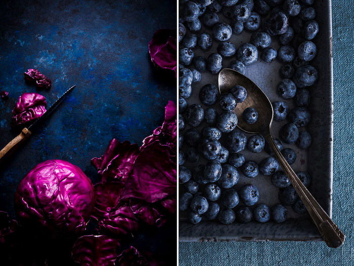 A food photo diptych of berries on blue background 