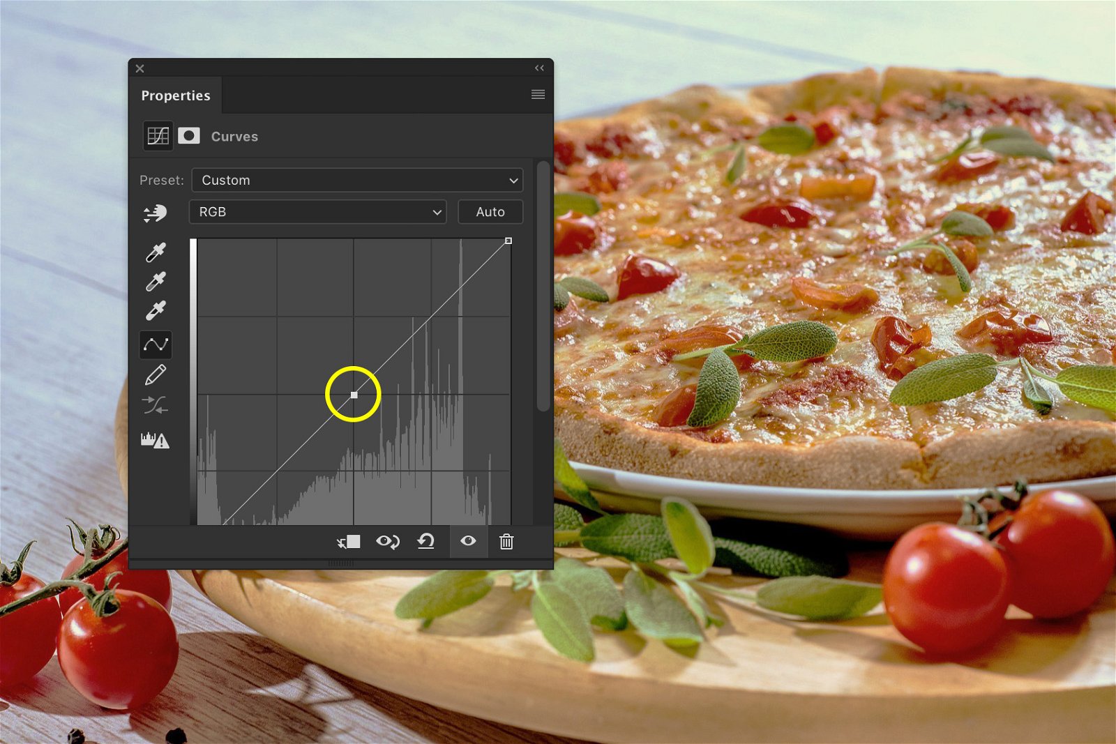 A screenshot showing how to edit food photography in Photoshop - set anchor point
