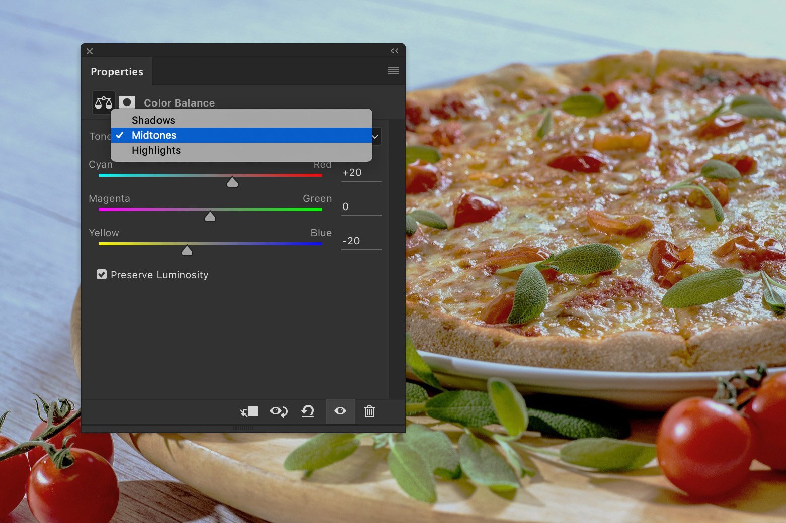 A screenshot showing how to edit food photography in Photoshop - midtones