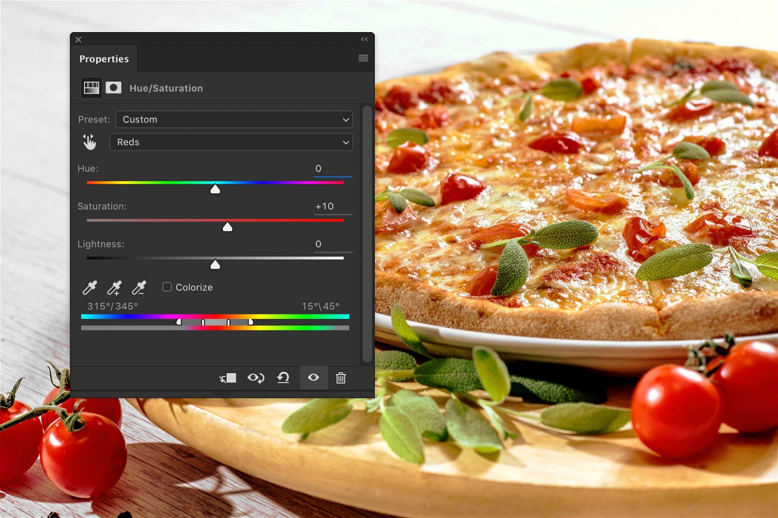 A screenshot showing how to edit food photography in Photoshop with saturation 