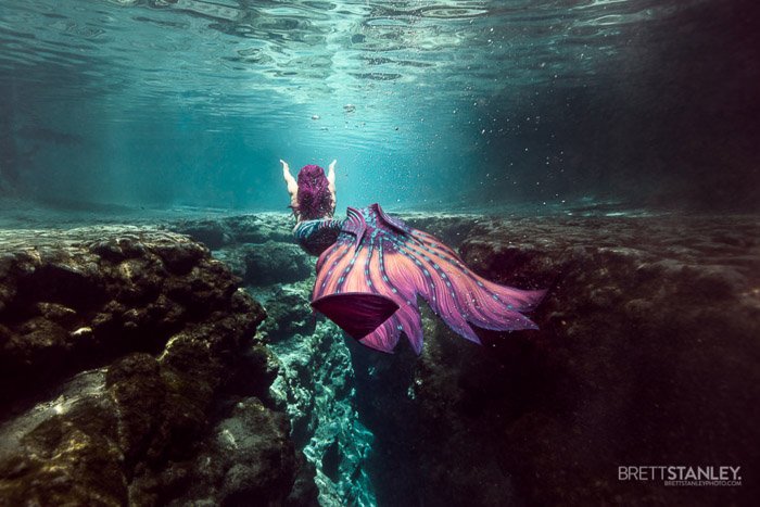 Dreamy underwater portrait of a female model with brightly colored mermaid tail 