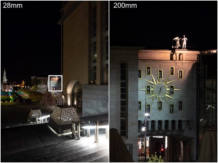 A travel photography diptych of a building at night comparing use of a 28mm and 200mm lens