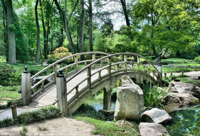A wooden bridge in a pretty Japanese garden 