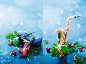 Diptych of a tiny violin and a saxophone in the rain with leaves as examples of spring photography ideas