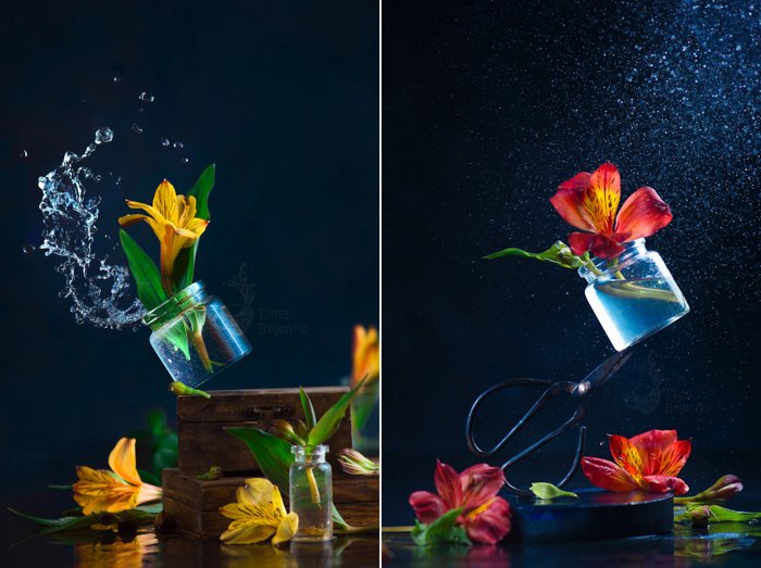 A rainy diptych of glass jar of flowers falling - spring photos ideas