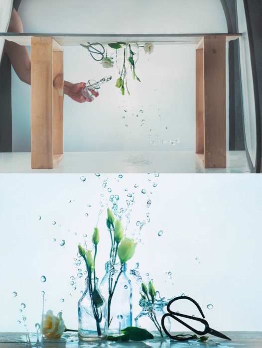 A creative still life diptych of flowers in glass bottles with water splashes, and setup photo - spring photos ideas