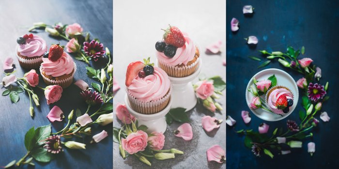 Cute food themed still life featuring cupcakes and flowers - spring photography ideas