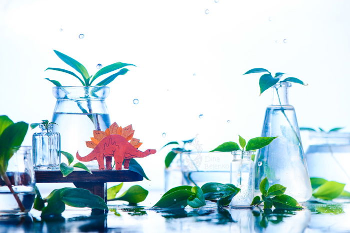 Cool still life featuring glass jars, leaves and paper dinosaurs - spring photography ideas