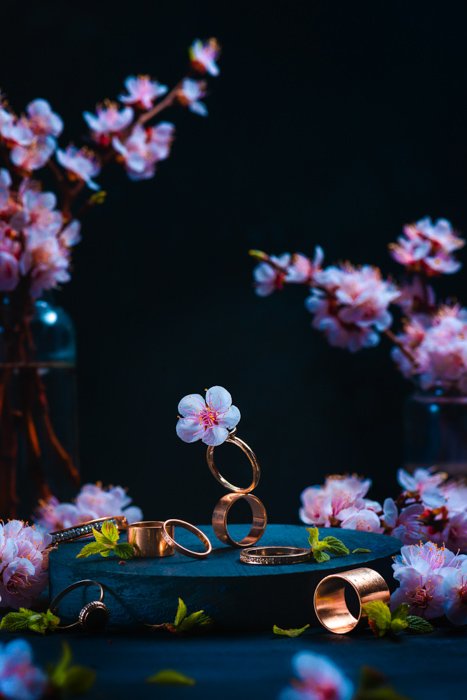 Cool still life combining cherry blossom with jewelry theme - spring photography ideas