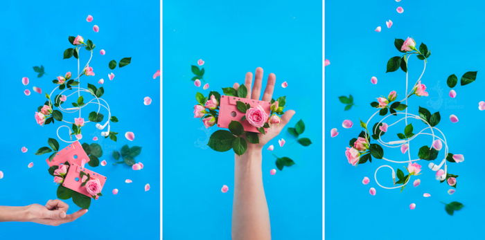 Cool musical themed still life triptych featuring leaves, blossoms, cassette tapes and earphones - spring photography ideas