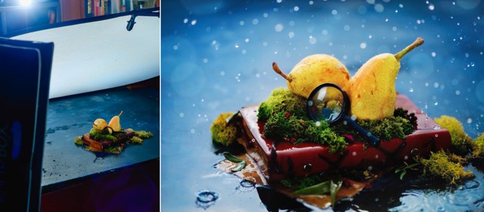 A diptych showing a food themed still life and setup