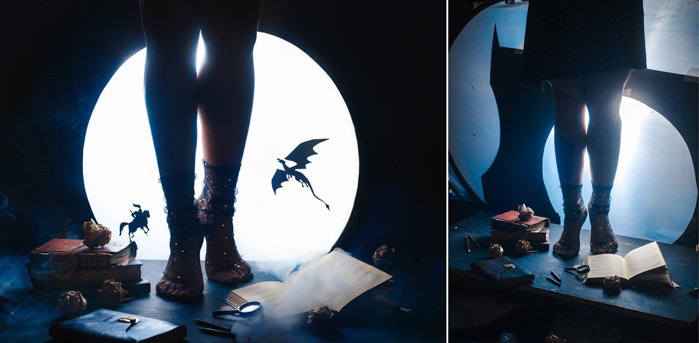 Creative occult themed still life diptych shot with a speedlight