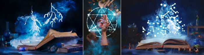 Creative occult themed still life triptych shot with a speedlight