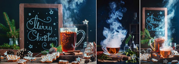 Creative christmas themed still life triptych shot with a speedlight