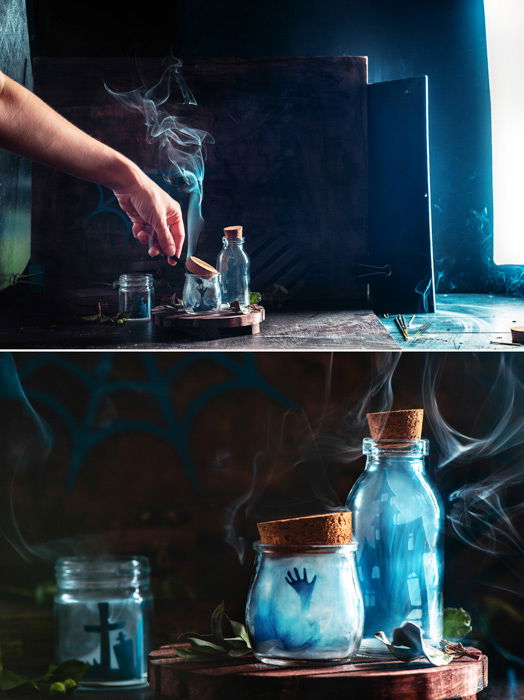 Creative fantasy themed still life diptych shot with a speedlight