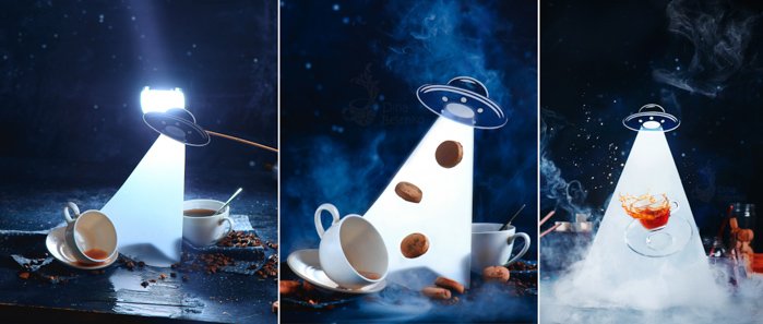 Creative UFO themed still life triptych shot with a speedlight