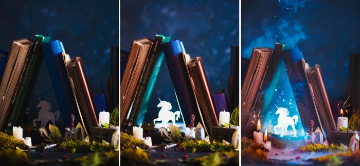 Creative fantasy themed still life triptych shot with a speedlight