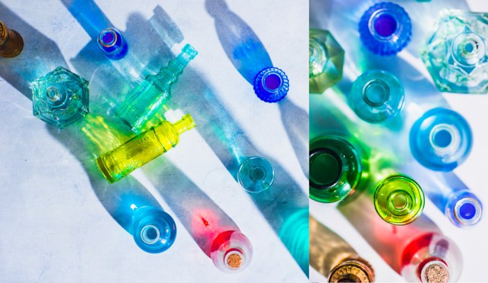 creative diptych of colorful glass jars shot with a speedlight