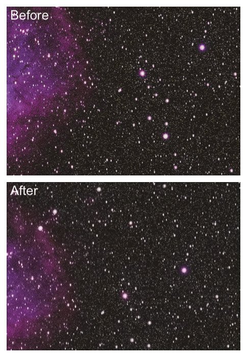Comparison between the Before (top) and After (bottom) of using gaussian blur in Photoshop to edit astrophotography 