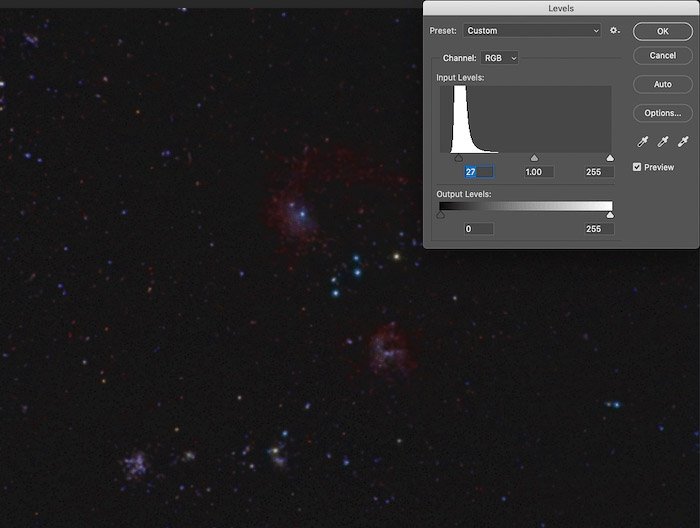 A screeenshot showing how to use the Filter-> Noise->Add Noise filter to add some artificial noise in astrophotography editing