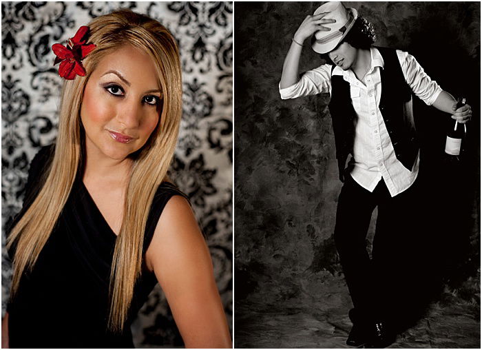 A diptych portrait of a female model and male model taken in a portable photo studio set up in client's home with different backgrounds and one softbox strobe light.