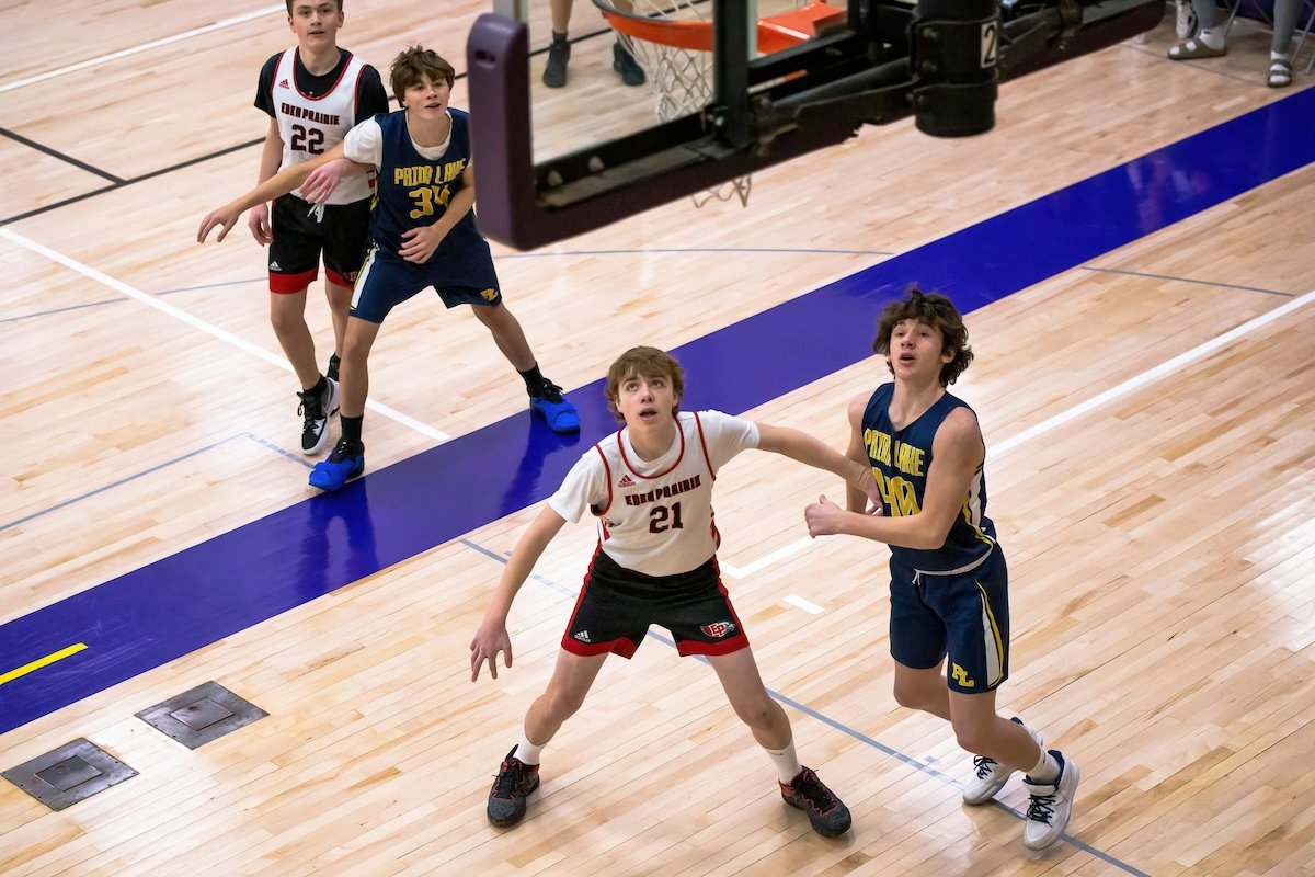 High perspective shot of young players waiting for a rebound as an example of basketball photography