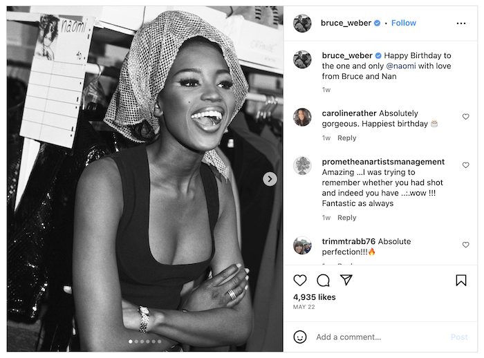 Screenshot of a Bruce Weber Instagram post of fashion supermodel Naomi Campbell in a candid pose