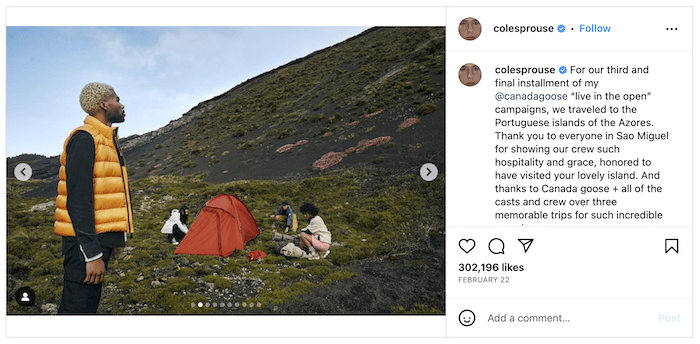 Screenshot of a Cole Sprouse Instagram post of a fashion shoot for Canada Goose of people camping