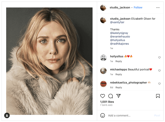 Screenshot of a Daniel Jackson Instagram post of Elizabeth Olsen in a fur coat