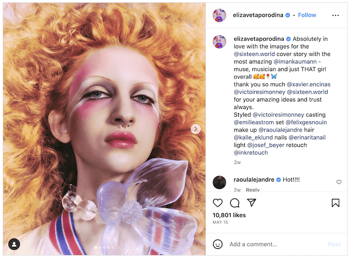 Screenshot of an Elizaveta Porodina Instagram post of a colorful fashion model headshot