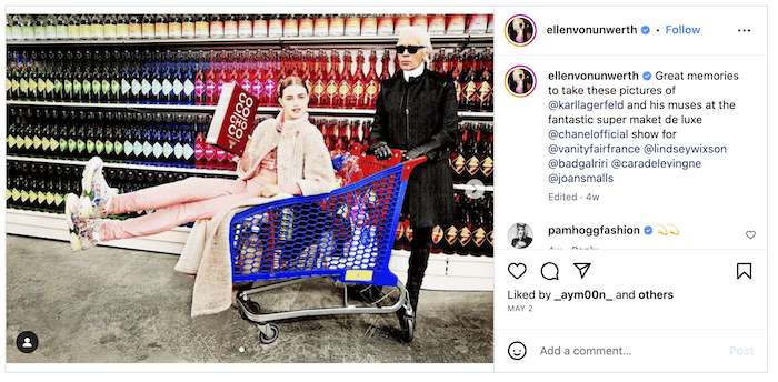 A screenshot of an Ellen von Unwerth Instagram post with a model and Karl Lagerfield in a supermarket