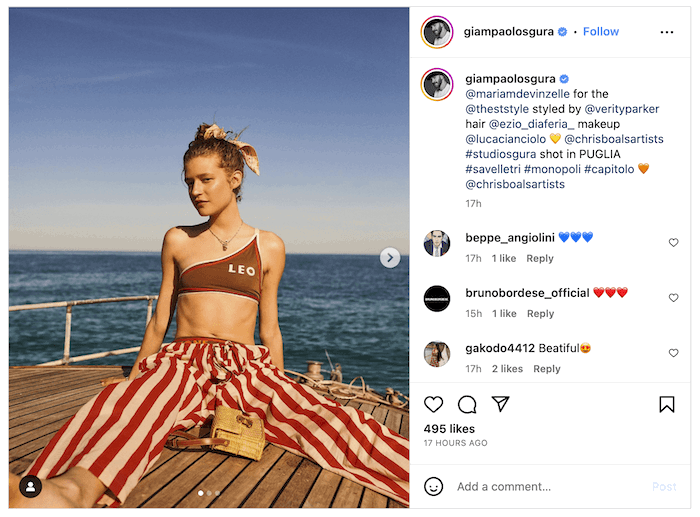 Screen shot of a Giampaolo Sgura Instaram post of a fashion model posing in summer wear by water