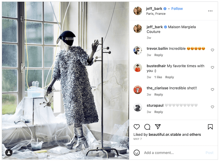 Screenshot of a Jeff Bark Instagram post of a mannequin with couture fashion clothes