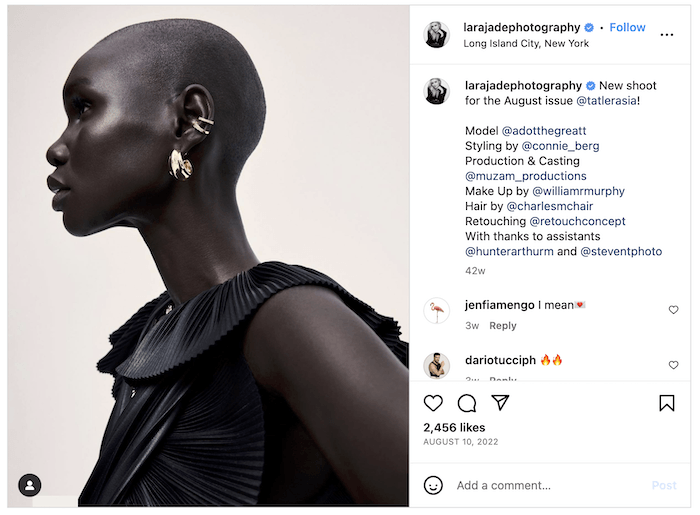 Screenshot of a Lara Jade Instagram post of an elegant fashion model in profile
