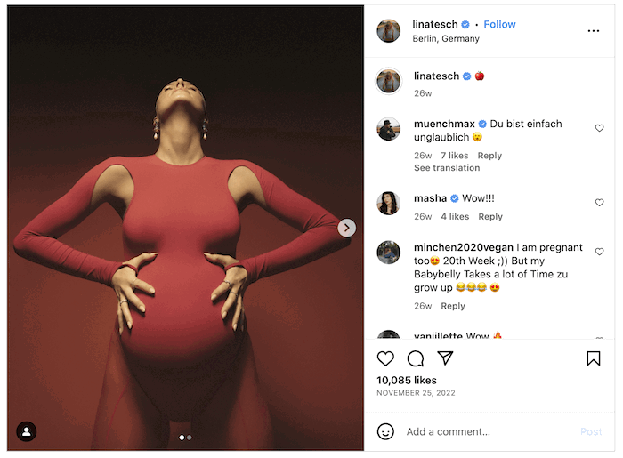 Screenshot of a Lina Tesch Instagram post of a pregnant woman posing in a red dress