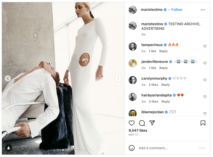 Screenshot of a Mario Testino Instagram post of models sitting and standing and dressed in white