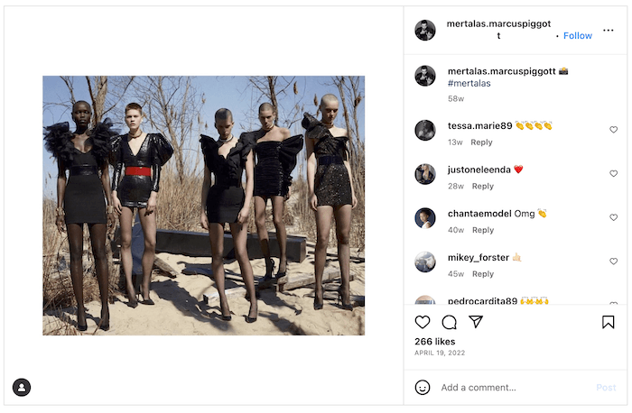 Screenshot of a Mert and Marcus Instagram post of an outdoor fashion shoot with five models in black dresses