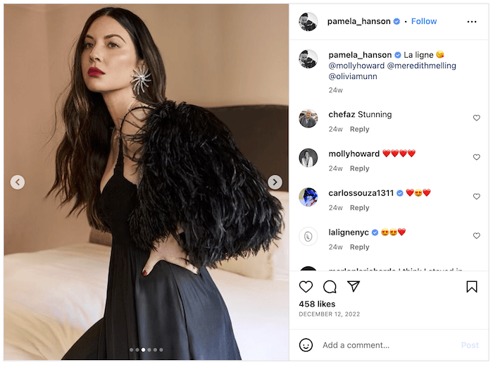 Screenshot of a Pamela Hanson Instagram post of a fashion model posing in a hotel room