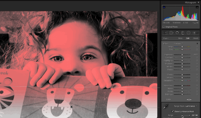 An animation screenshot of Lightroom showing the effect of dragging the Range slider while pressing the Alt key.