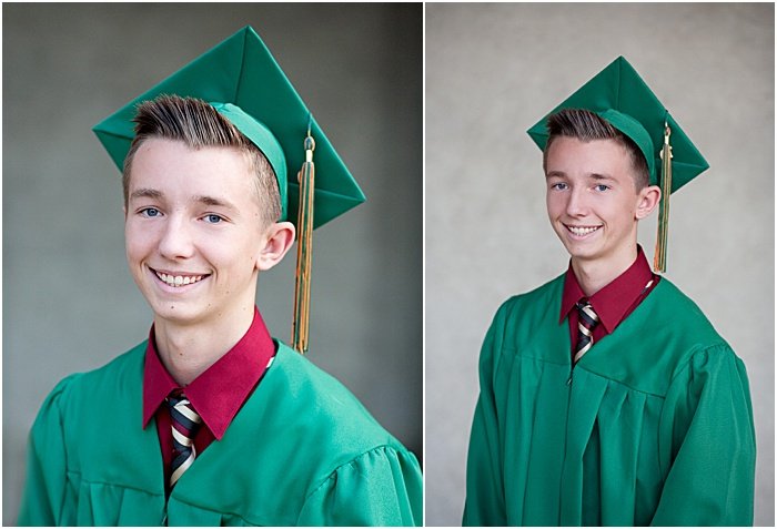 A graduation portrait of a schoolboy taken in a Natural light portable studio with client's cap and gown with a background.