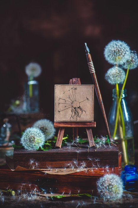 summertime themed still life with dandelions and stationary 