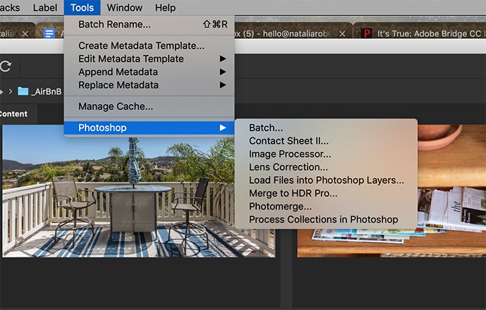 Screenshot showing how Adobe Bridge can send photos to Photoshop for certain edits.