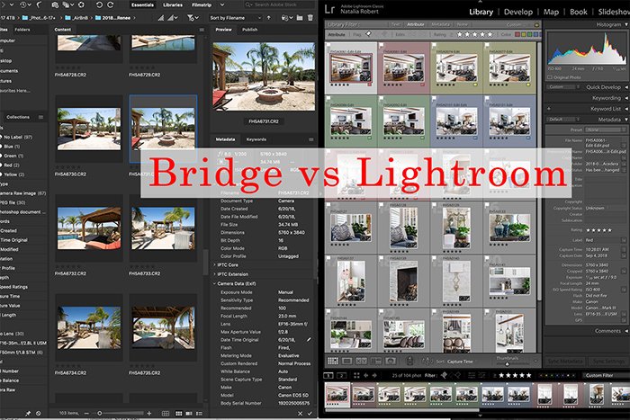 A split screen of screenshots from adobe bridge vs lightroom