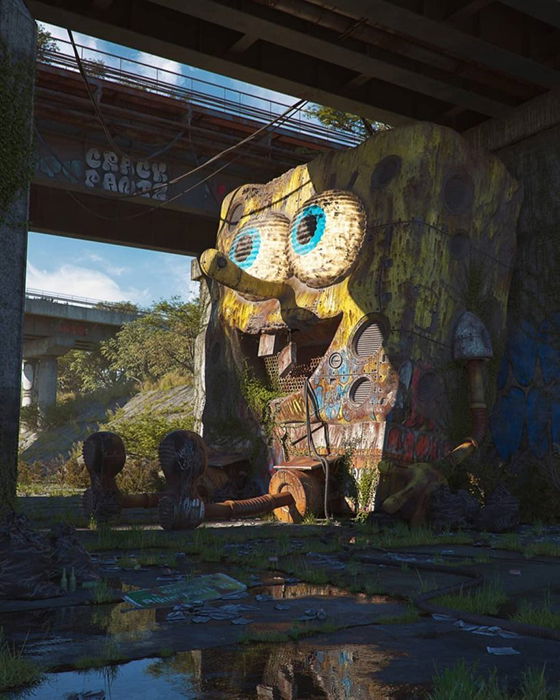 Fine art street photo of Spongebob in a post-apocalyptic world by Philippe Hodas.