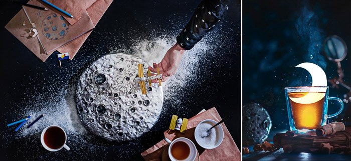 Creative outer space themed still life diptych shot with a speedlight