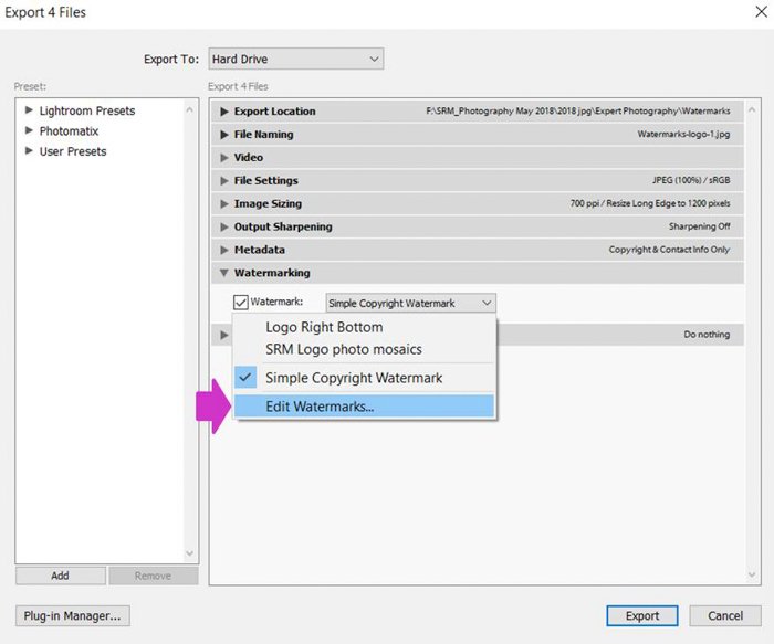 a screenshot showing how to add a watermark in lightroom - edit watermarks menu