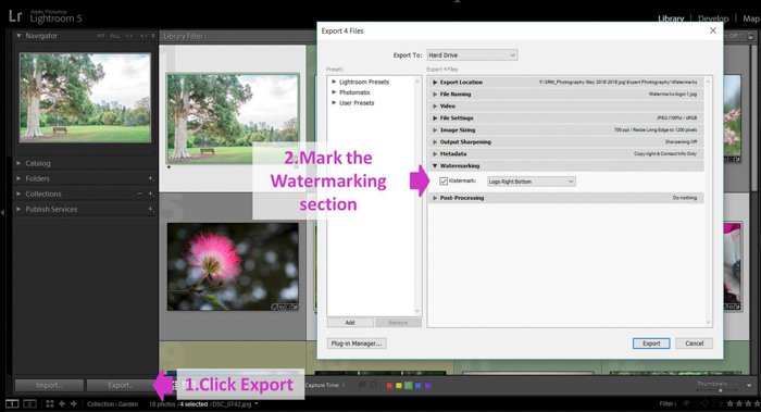 a screenshot showing how to add a watermark in lightroom during export